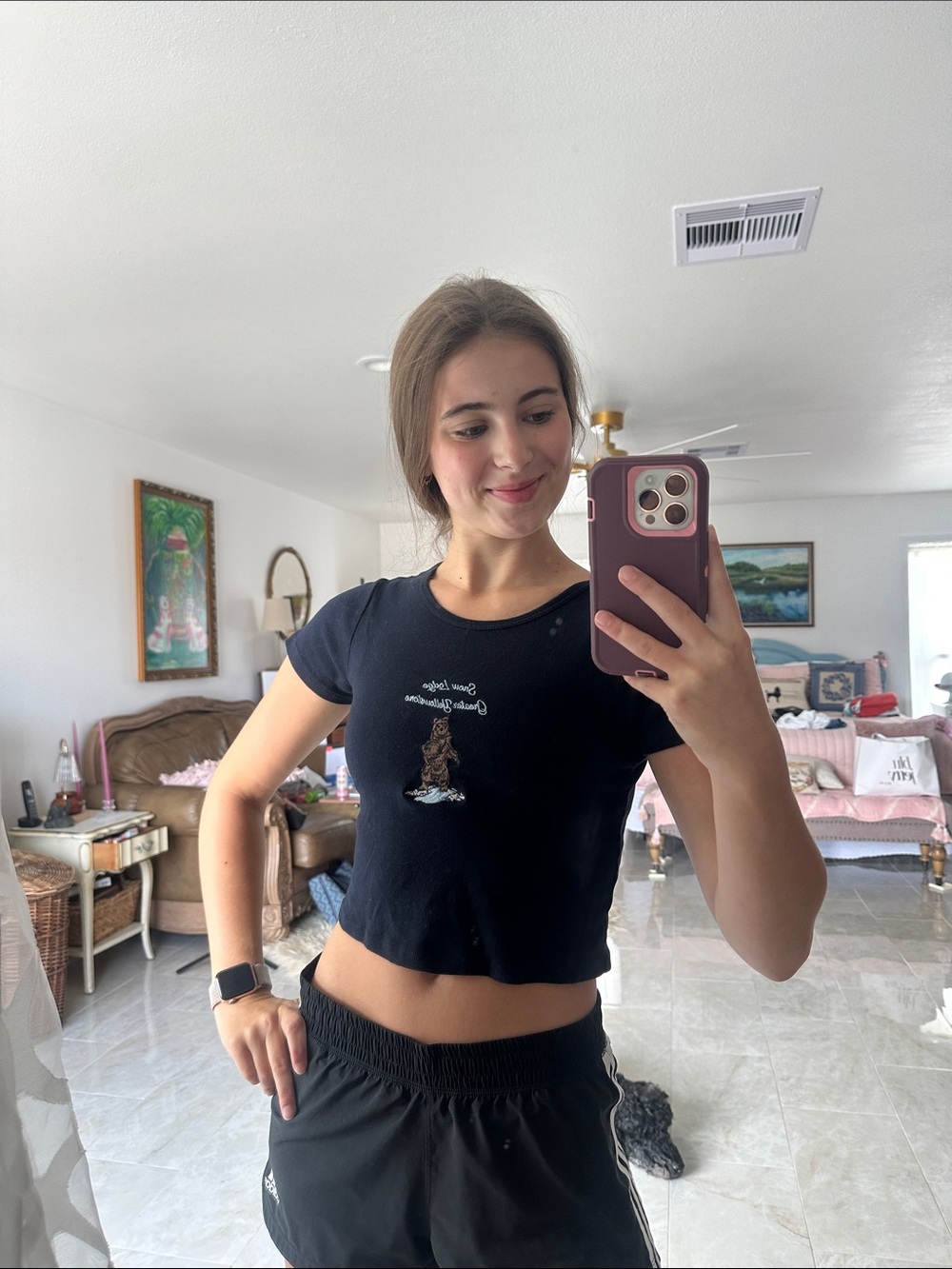 Brandy Melville Black Cropped Tee with Bear Embroidery